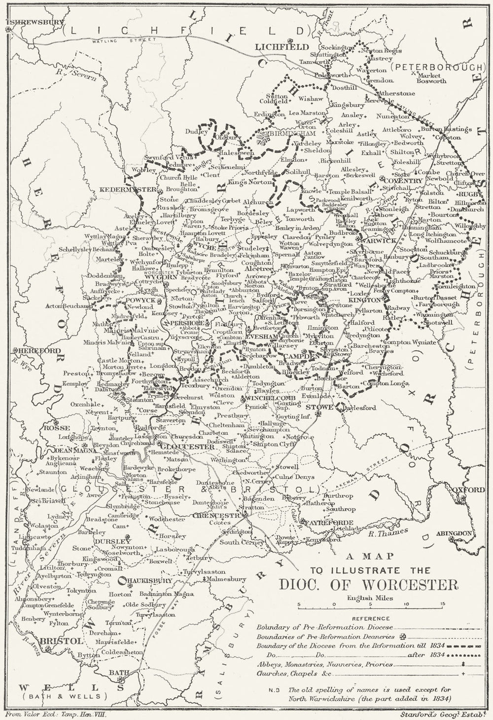 DIOCESE OF WORCESTER.Pre/post reformation & 1834. WORCESTERSHIRE 1897 old map