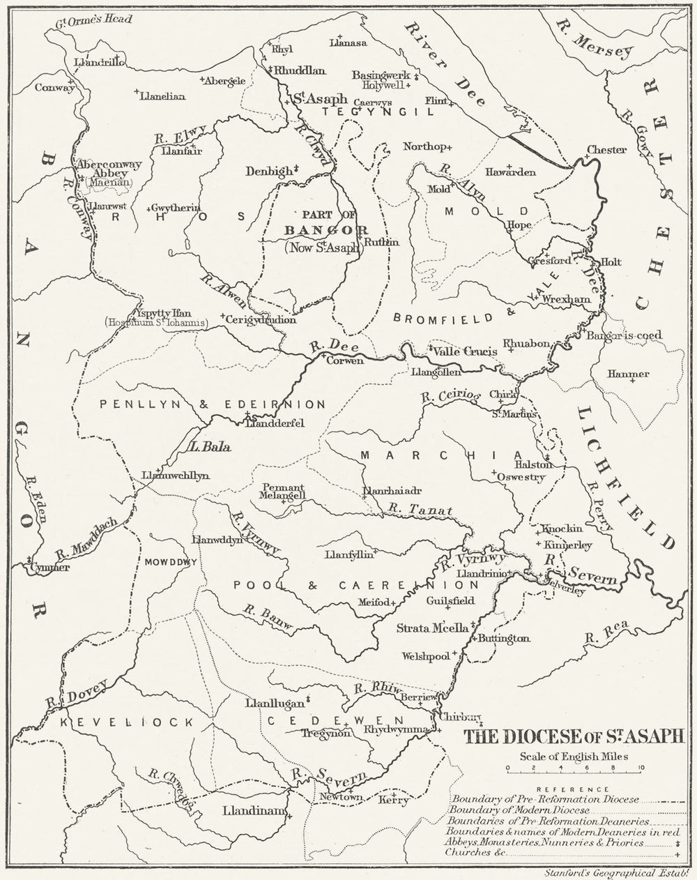 DIOCESE OF ST ASAPH. Pre/post reformation. Deaneries Churches.WALES 1897 map