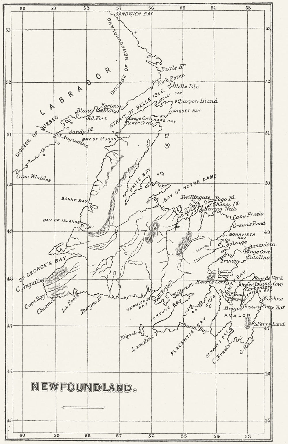 DIOCESE OF NEWFOUNDLAND. Anglican. Canada 1897 old antique map plan chart