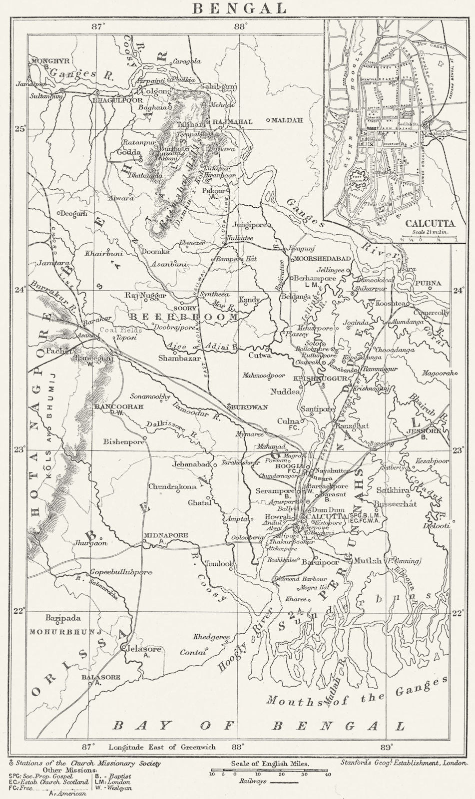BENGAL. Anglican Protestant Church Mission stations.Inset Culcutta 1897 map