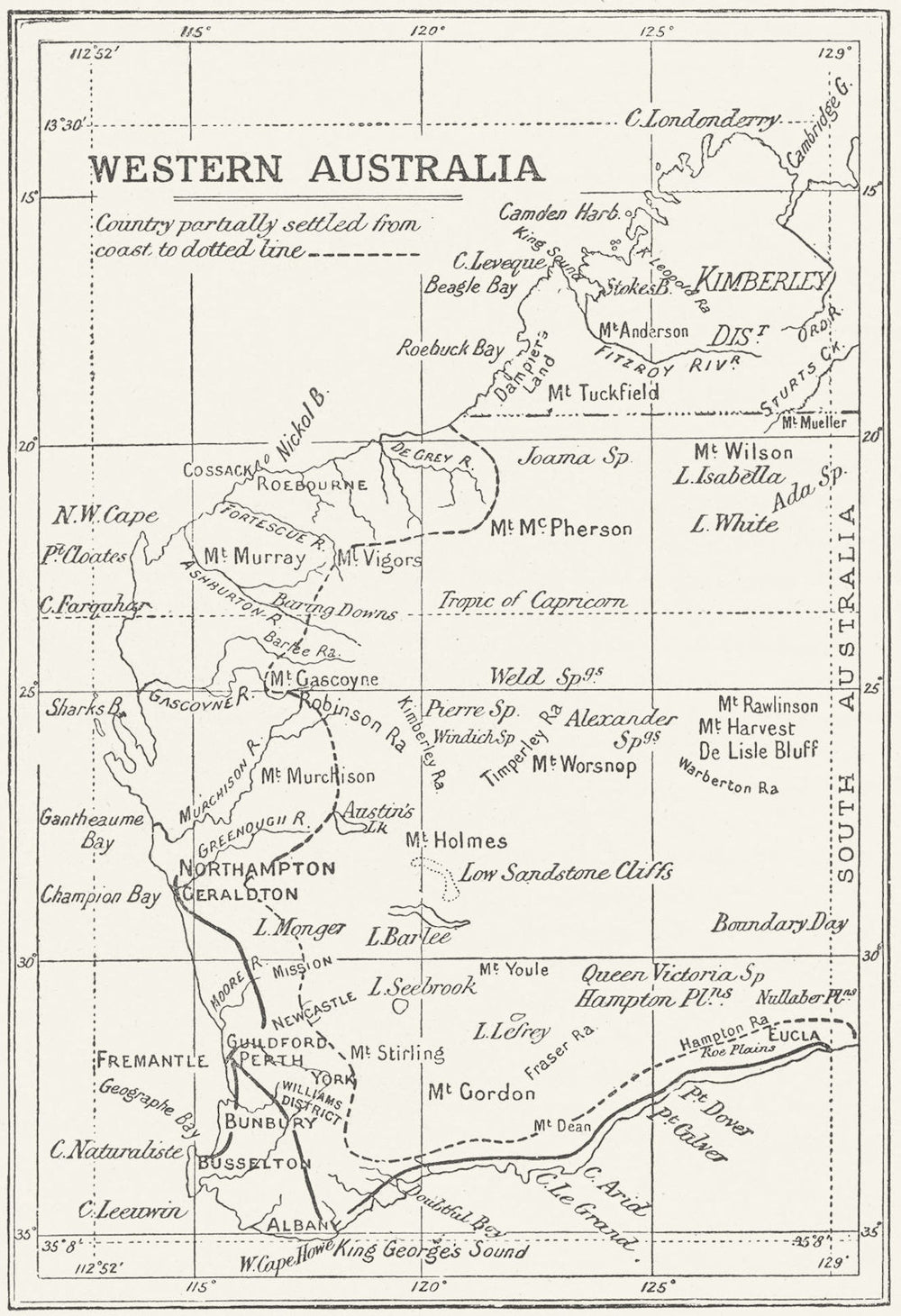 WESTERN AUSTRALIA. Showing settled areas & towns 1897 old antique map chart