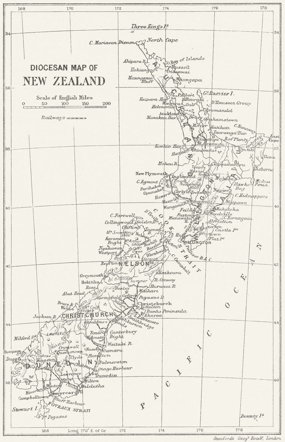 NEW ZEALAND DIOCESAN MAP. Towns railways. Anglican church 1897 old antique