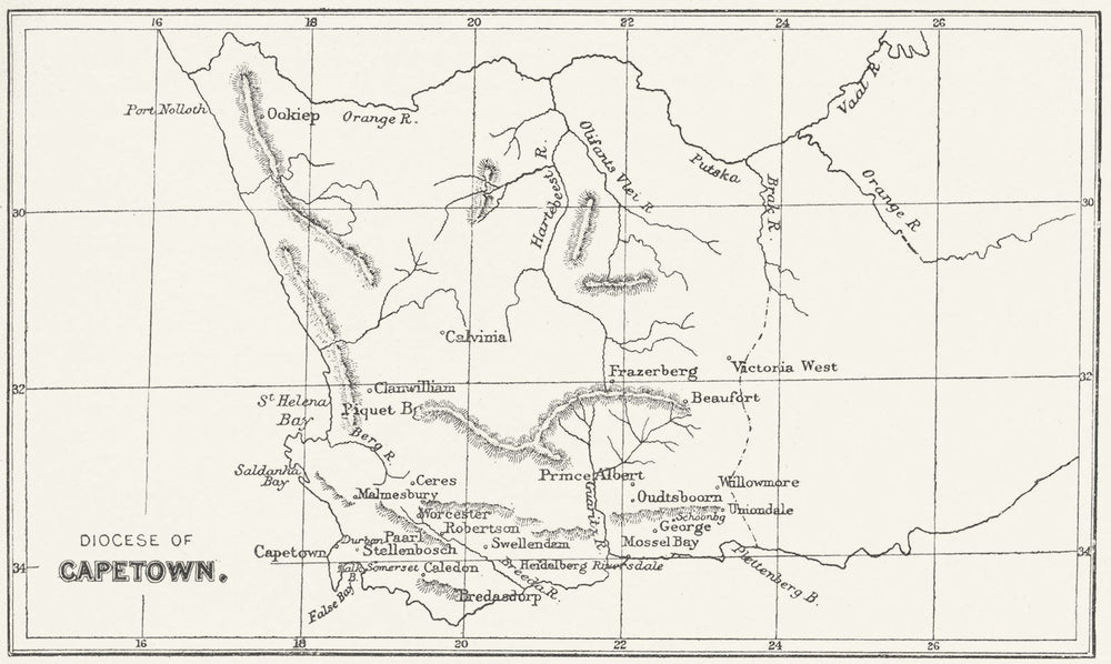 ANGLICAN DIOCESE OF CAPETOWN. Showing towns. SOUTH AFRICA 1897 old antique map