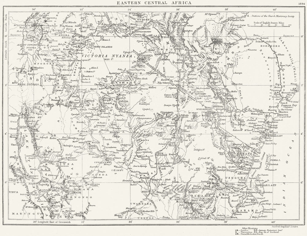 EAST AFRICA CHRISTIAN MISSIONS. Tanzania Kenya. Protestant Church 1897 old map