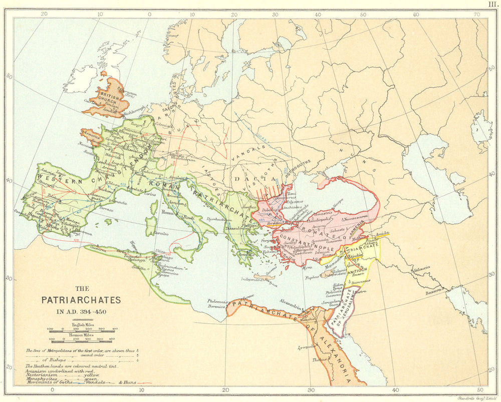 RELIGIOUS EUROPE 394-450AD.Patriarchates.Goths Vandals Huns movements 1897 map