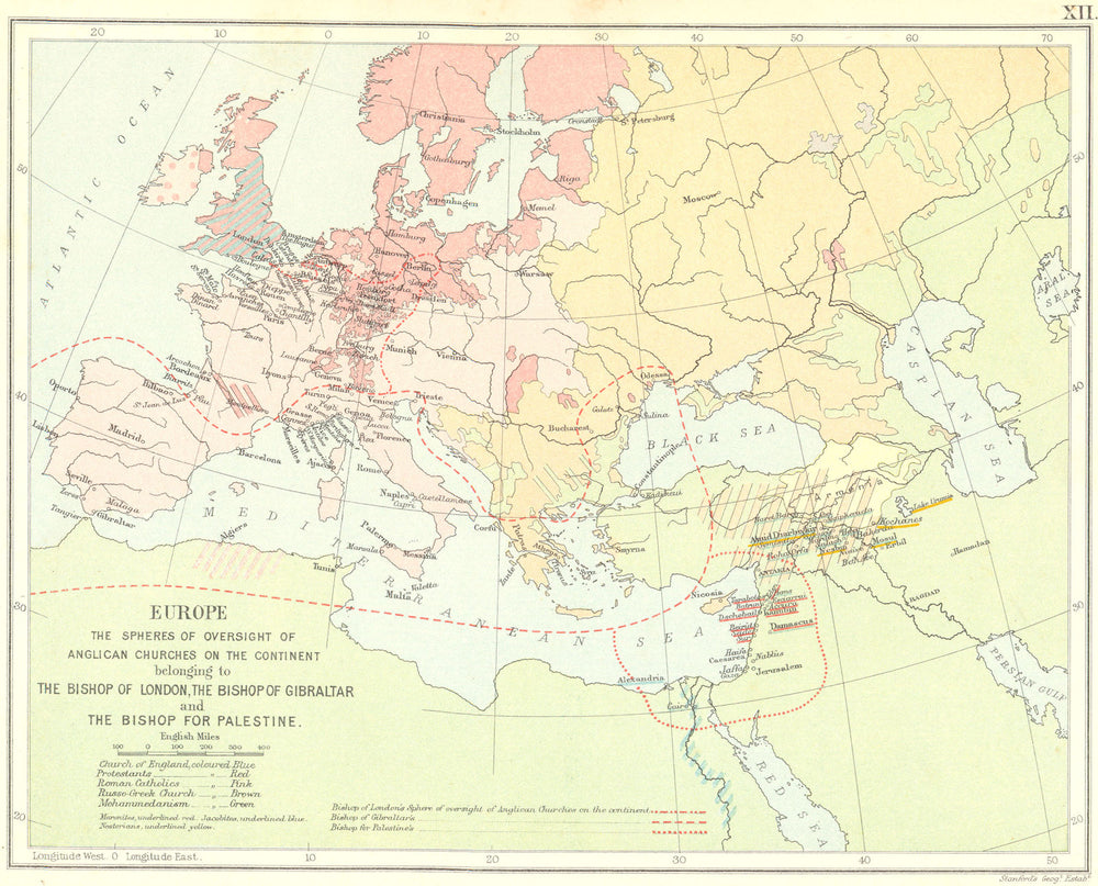 ANGLICAN CHURCH EUROPE. Oversight Bishops London Gibraltar Palestine 1897 map