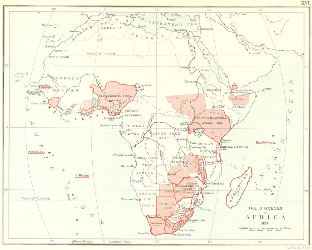 AFRICAN ANGLICAN CHURCH DIOCESES. South Africa Nigeria Kenya Zimbabwe 1897 map