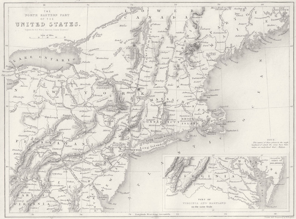 Map of the North-Eastern Part of the United States, USA. WH BARTLETT 1840