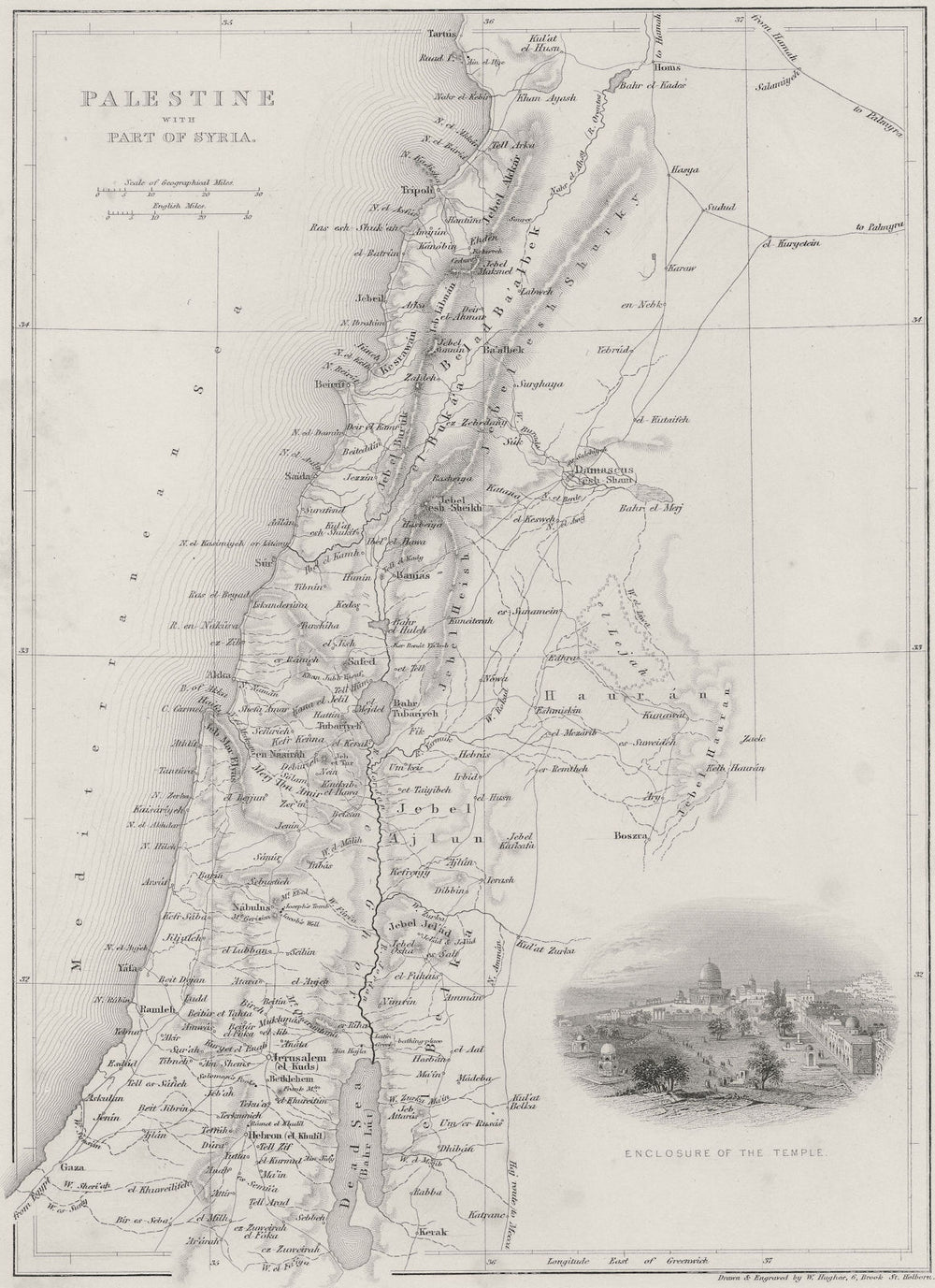 ISRAEL. Map of Palestine with Syria 1847 old antique vintage plan chart