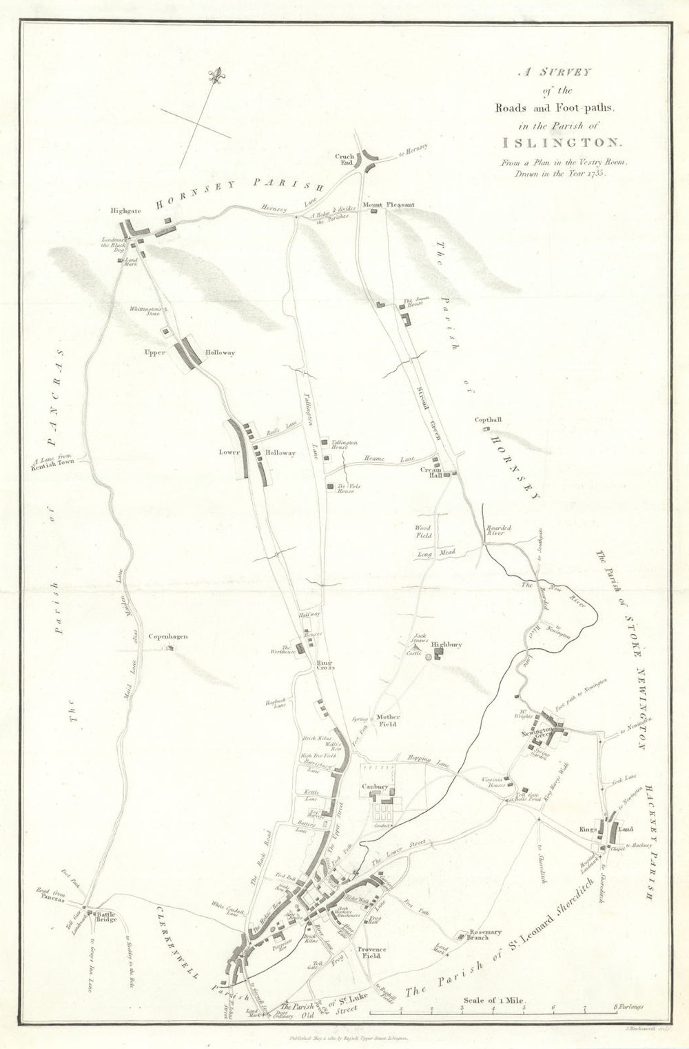 ISLINGTON PARISH 1735 Holloway Highgate Crouch End. Scarce HAWKSWORTH 1811 map
