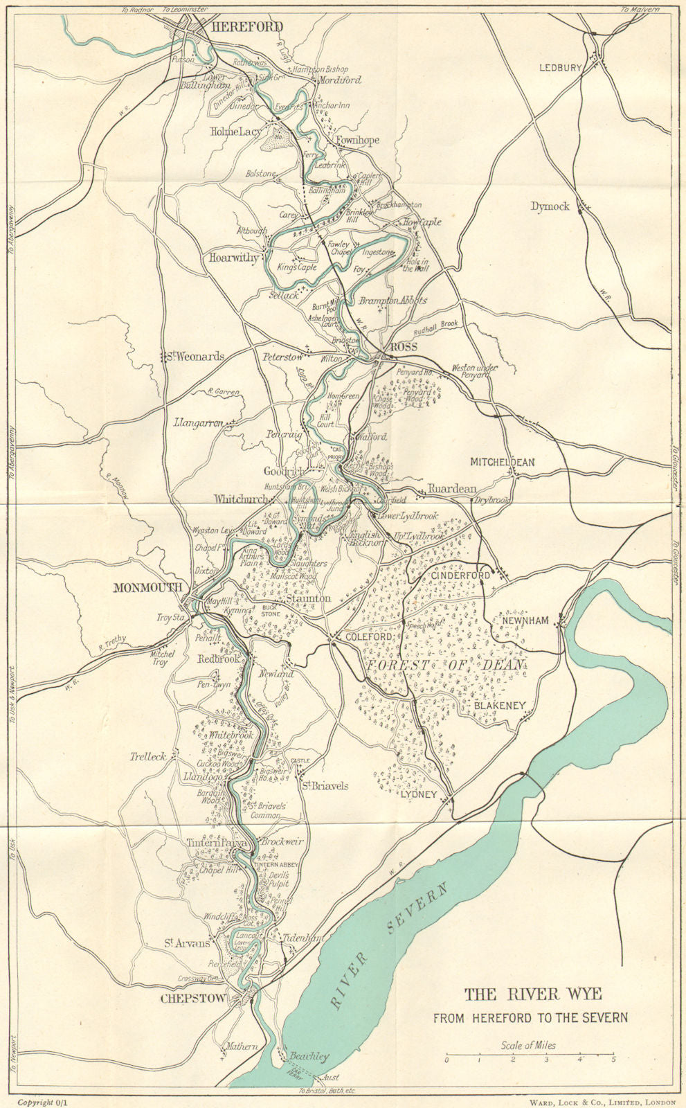 RIVER WYE VALLEY. Hereford-Ross-Monmouth-Chepstow-Severn. WARD LOCK c1950 map