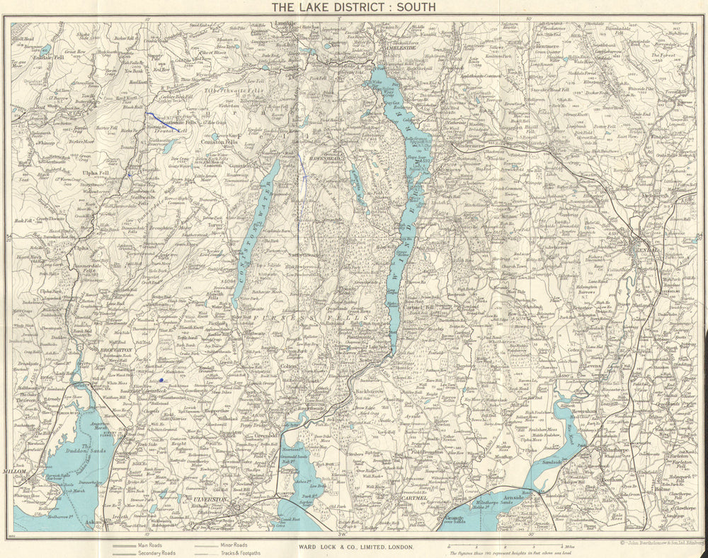 LAKE DISTRICT SOUTH Ambleside Ulverston Windermere Kendal Cumbria c1961 map