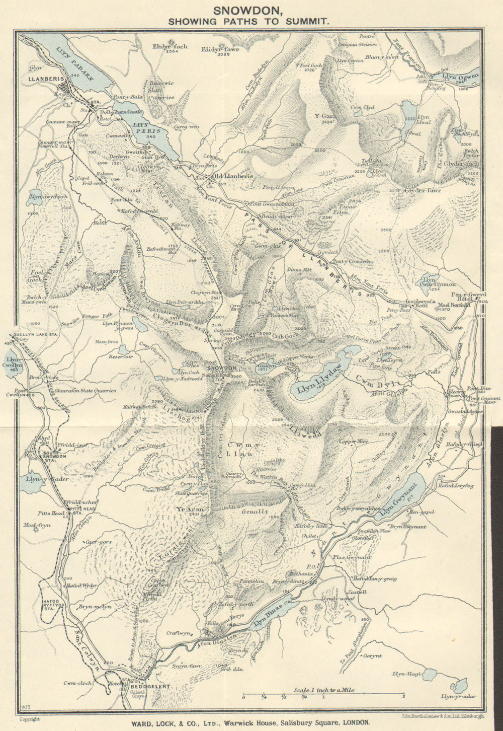 SNOWDON SHOWING PATHS TO SUMMIT. Llanberis. WARD LOCK c1928 old vintage map