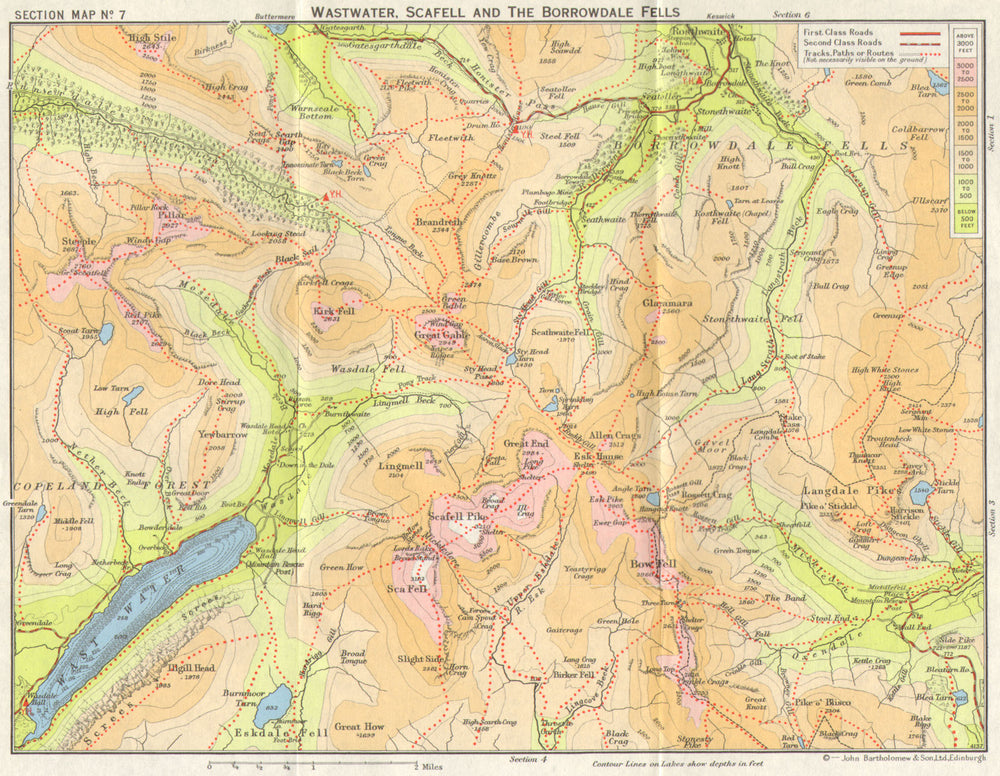 LAKE DISTRICT Wastwater Scafell Pike Borrowdale Fells Langdale Pikes 1971 map