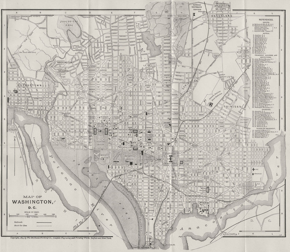 WASHINGTON DC. Antique City Town Map plan 1893 old chart