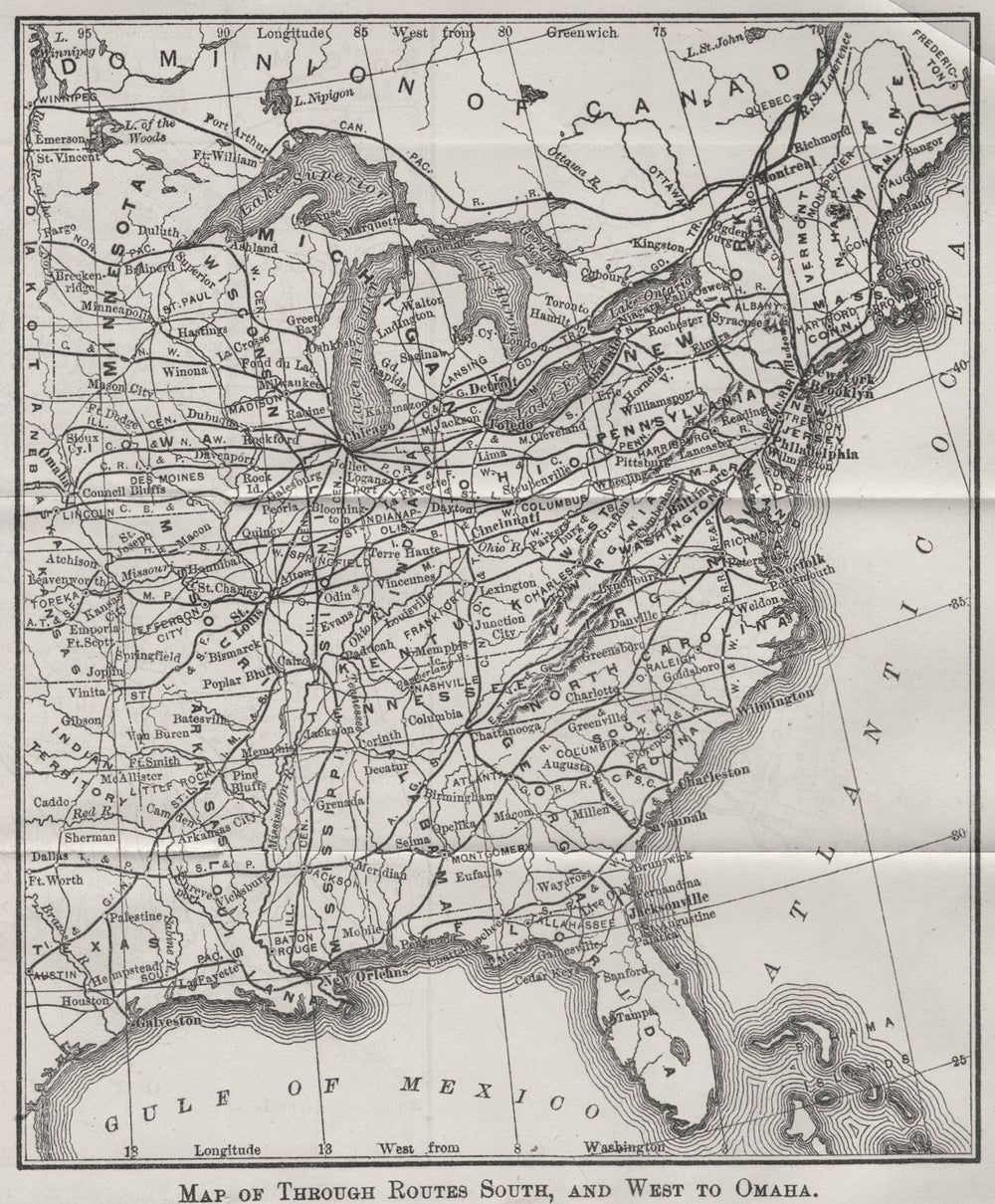 USA. Railroad routes south & west to Ohama 1893 old antique map plan chart