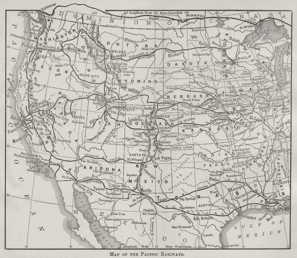 USA RAILROADS. Antique Map of the Pacific railways 1893 old chart