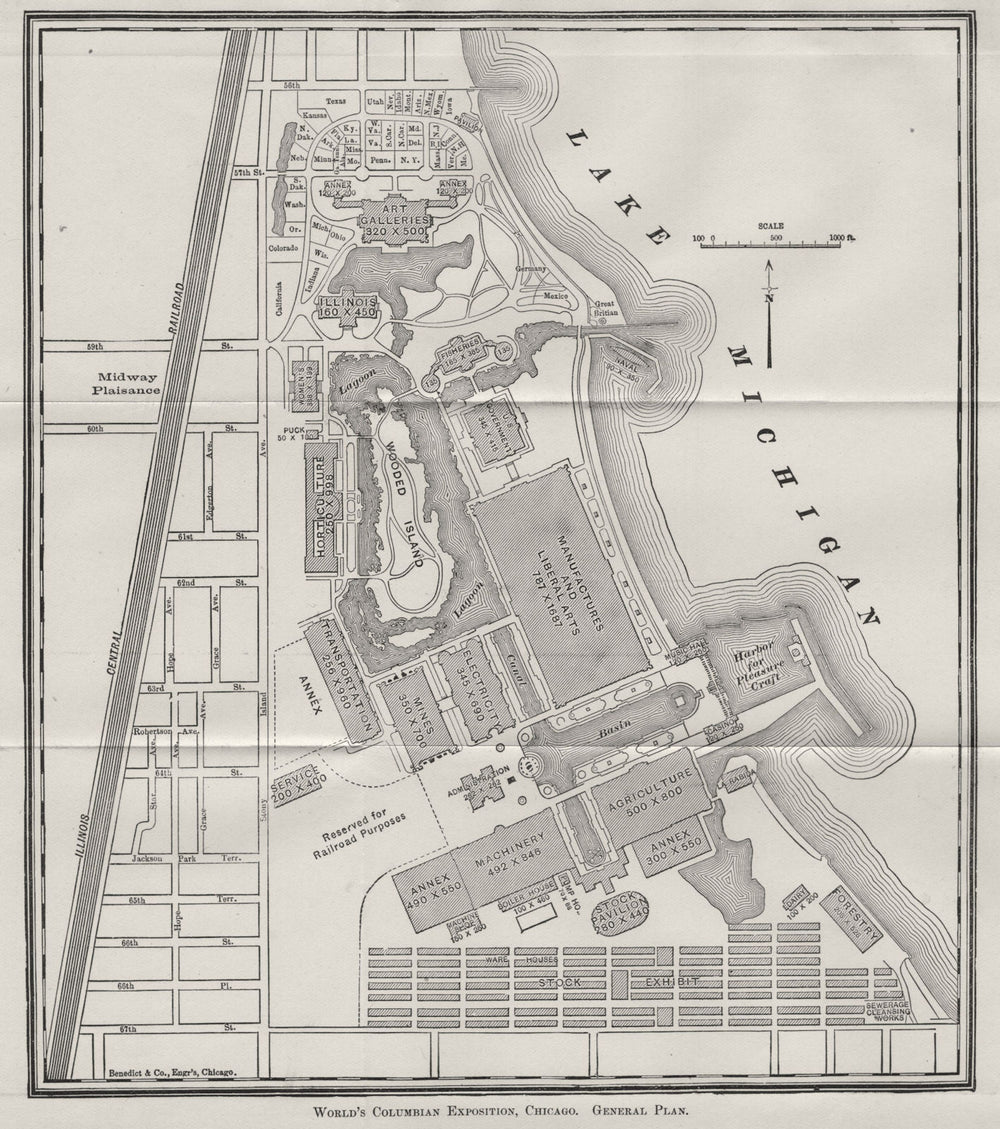 CHICAGO WORLD'S FAIR. World's Columbian Expo (1893) General plan 1893 old map
