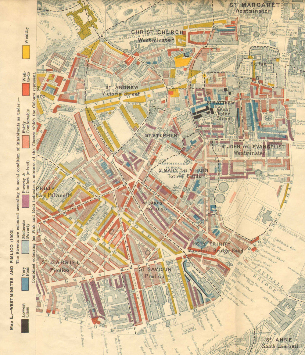 CHARLES BOOTH POVERTY MAP Westminster Pimlico Victoria 1902 old antique