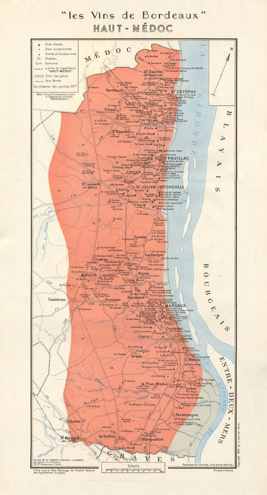 BORDEAUX WINE. Les Vins de Bordeaux - Haut-Médoc. Larmat 1949 old vintage map