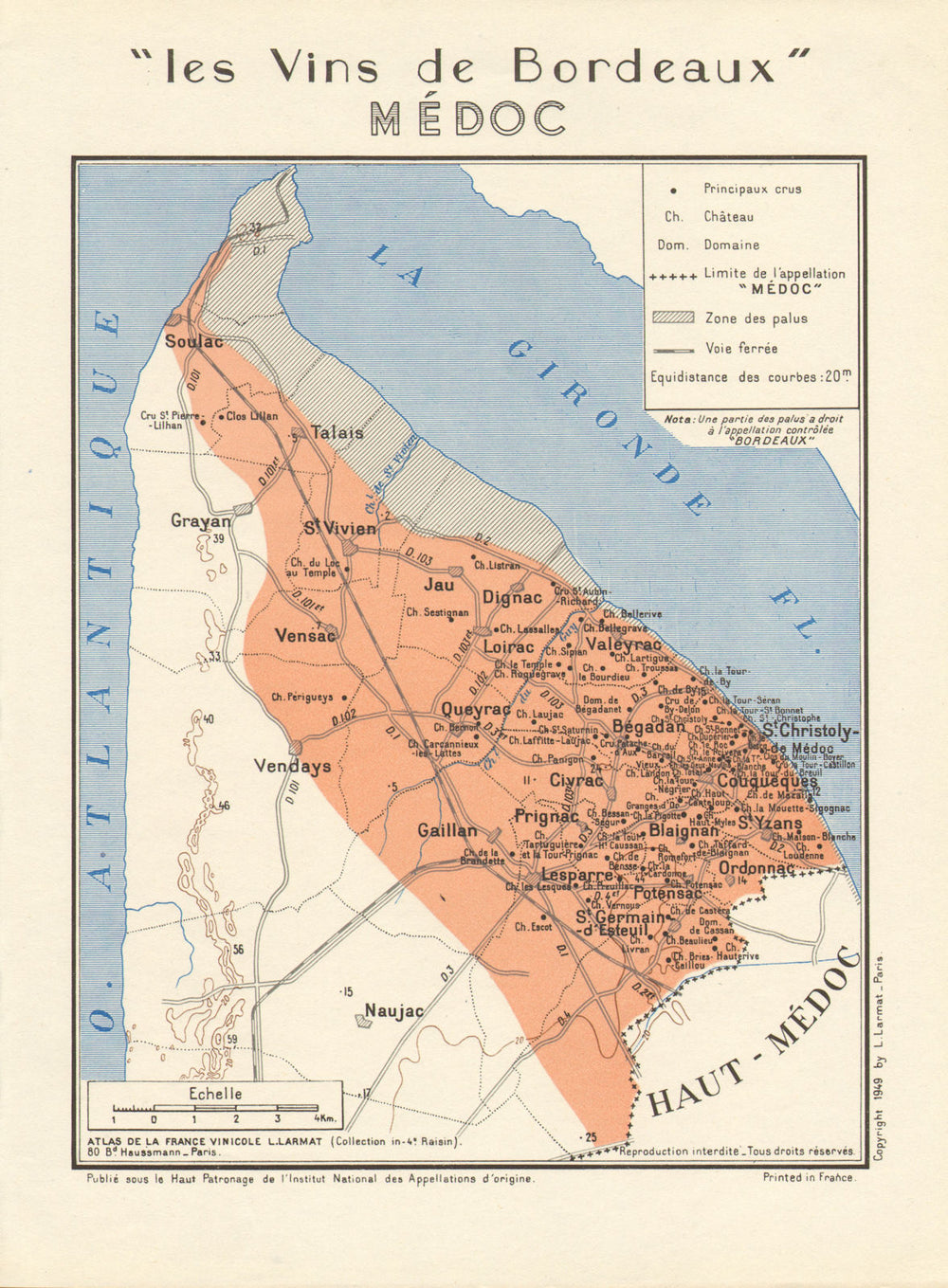 BORDEAUX WINE. Les Vins de Bordeaux - Médoc. Larmat 1949 old vintage map chart