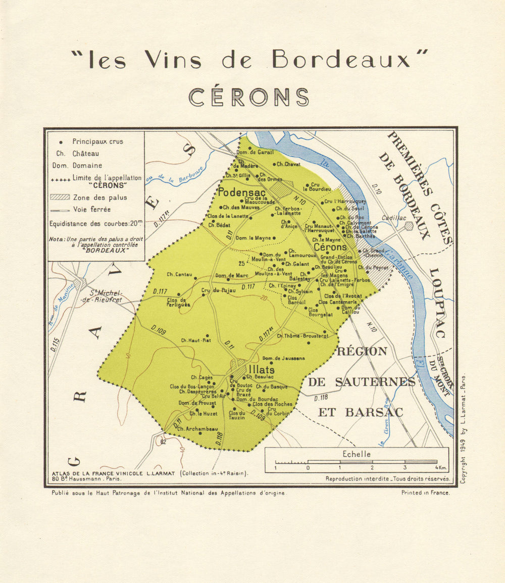 BORDEAUX WINE. Les Vins de Bordeaux - Cérons Cerons. Larmat 1949 old map