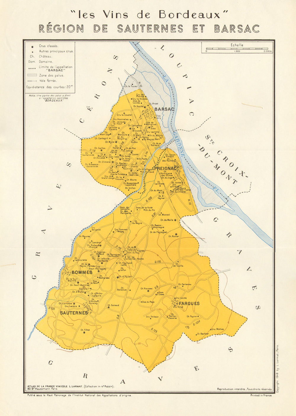 BORDEAUX VINS WINE. Région de Sauternes et Barsac. Larmat 1949 old vintage map
