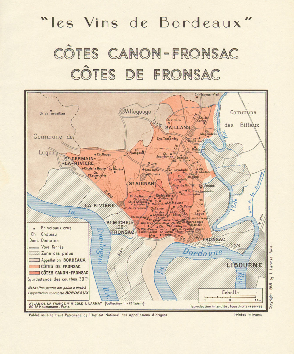 VINS DE BORDEAUX. Wine. Côtes Canon-Fronsac; Côtes de Fronsac. Larmat 1949 map