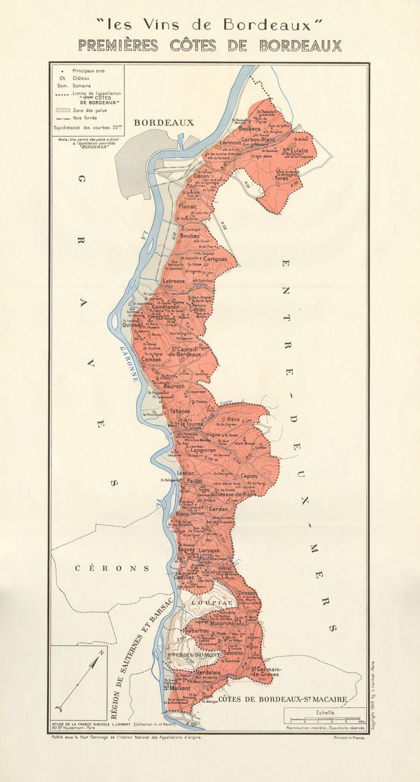 BORDEAUX WINE. Vins de Bordeaux - Premières Côtes de Bordeaux. Larmat 1949 map