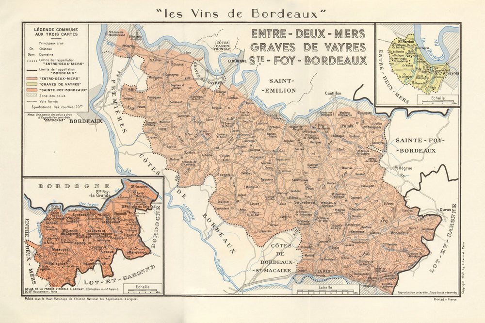 VINS WINE. Entres-Deux-Mers Graves de Vayres Ste-Foy-Bordeaux. Larmat 1949 map