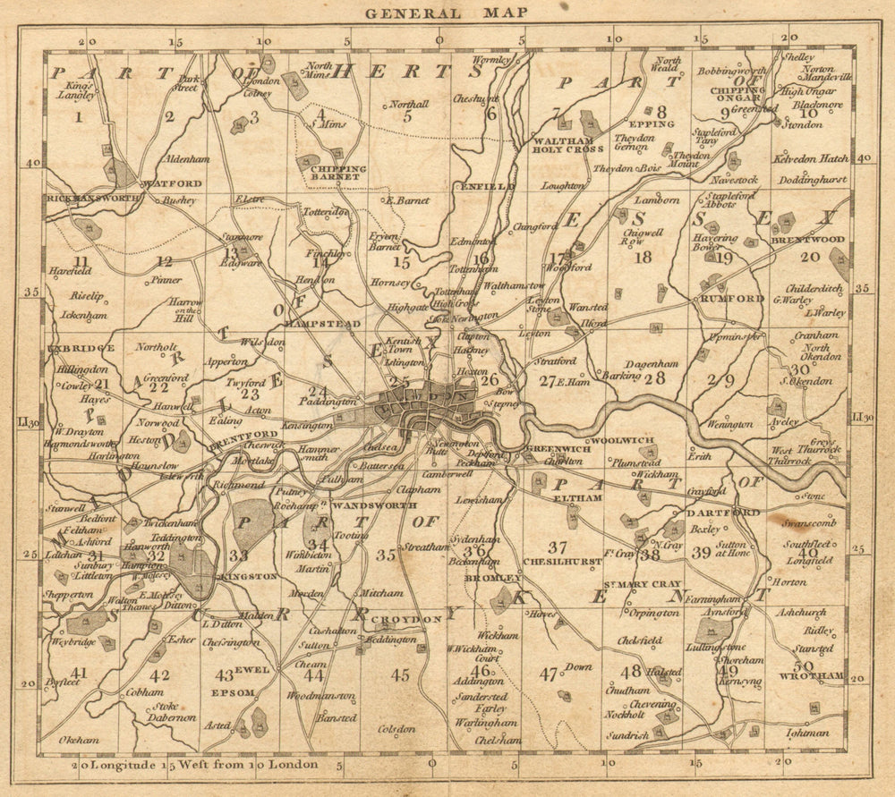 LONDON. 15 miles around London. General index map. Cary. 1786 old antique