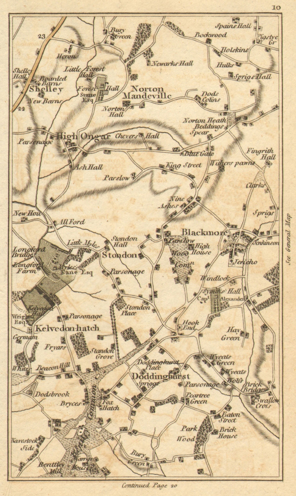 ESSEX. Blackmore, Kelvedon Hatch, Doddinghurst, High Ongar, Fox Hatch 1786 map