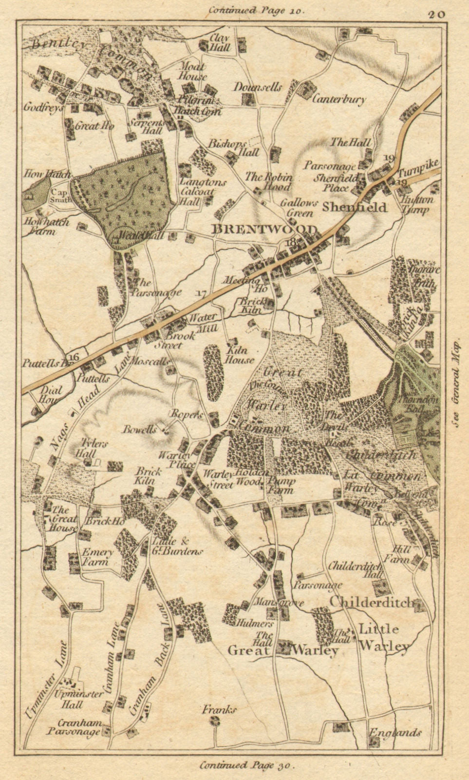 BRENTWOOD. Upminster, Little/Great Warley, Childerditch, Shenfield 1786 map