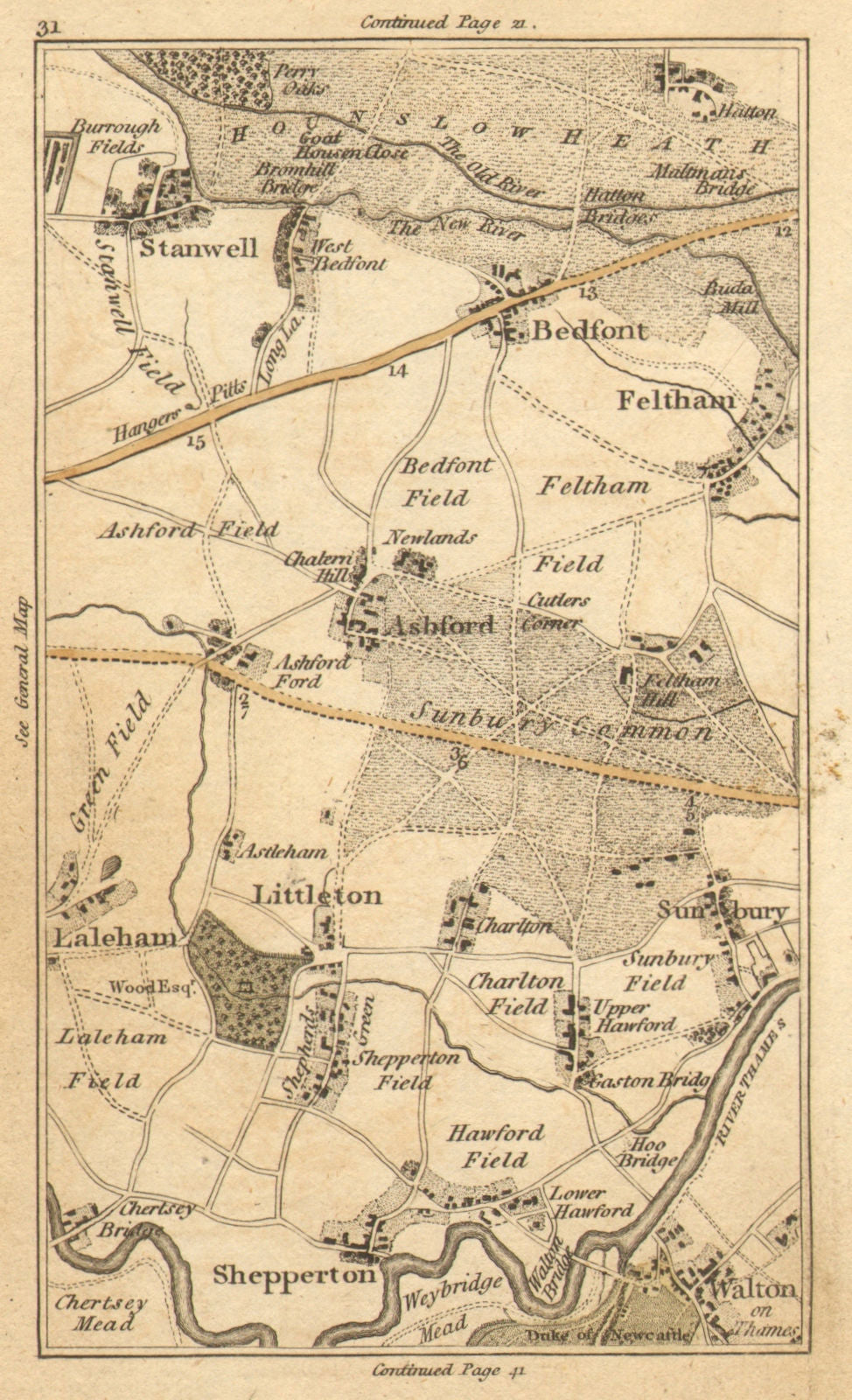 WALTON-ON-THAMES.Feltham,Sunbury,Shepperton,Staines,Chertsey,Heathrow 1786 map