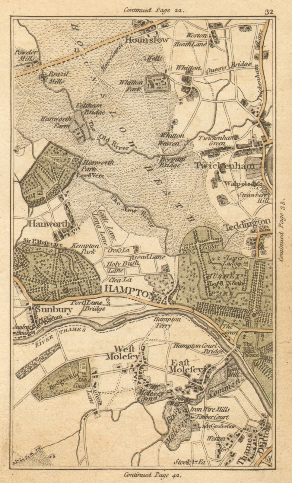 HOUNSLOW.Twickenham,Teddington,Hanworth,Hampton,Molesey,Thames Ditton 1786 map