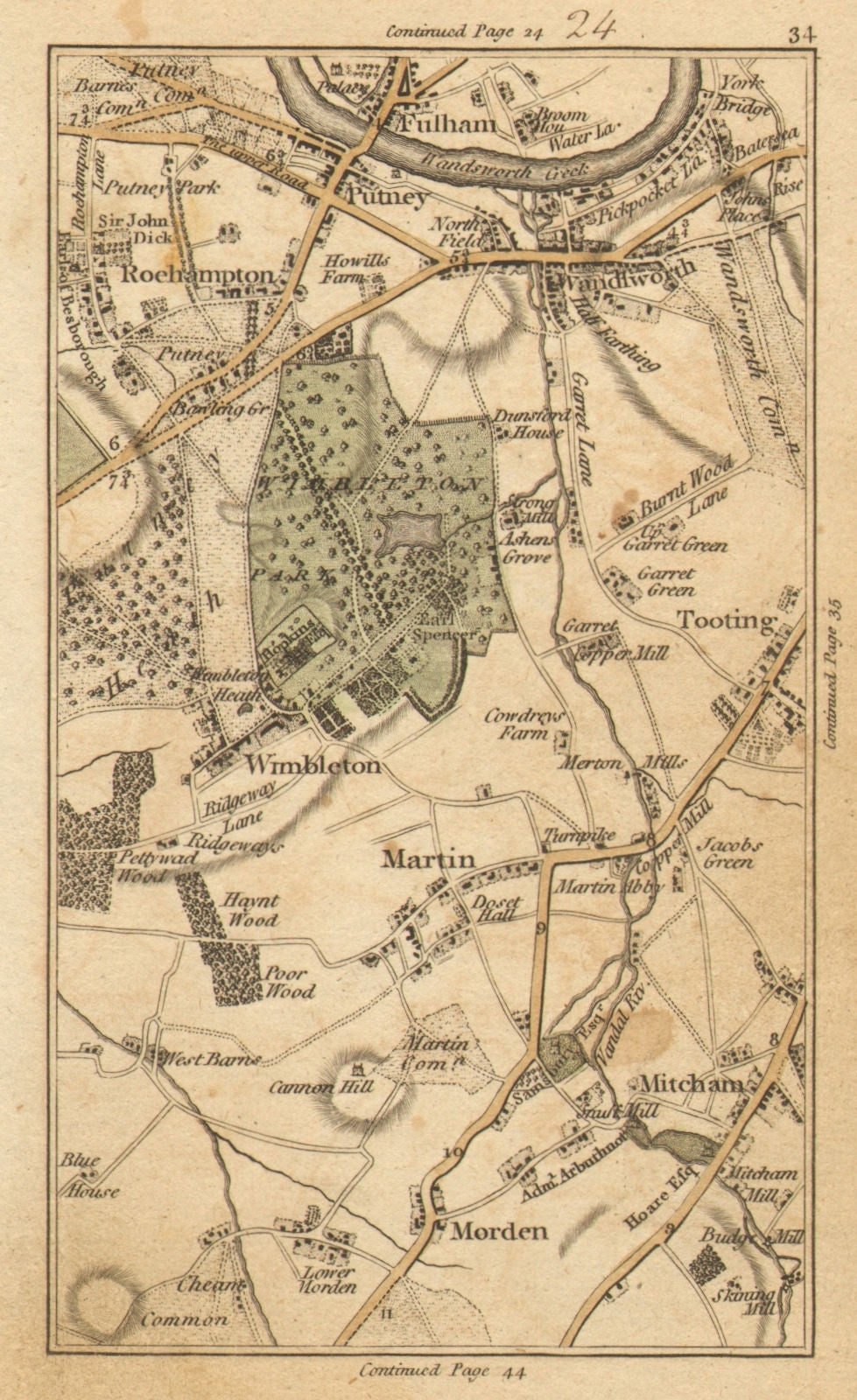 WANDSWORTH. Putney,Roehampton,Fulham,Tooting,Wimbledon,Morden,Merton 1786 map
