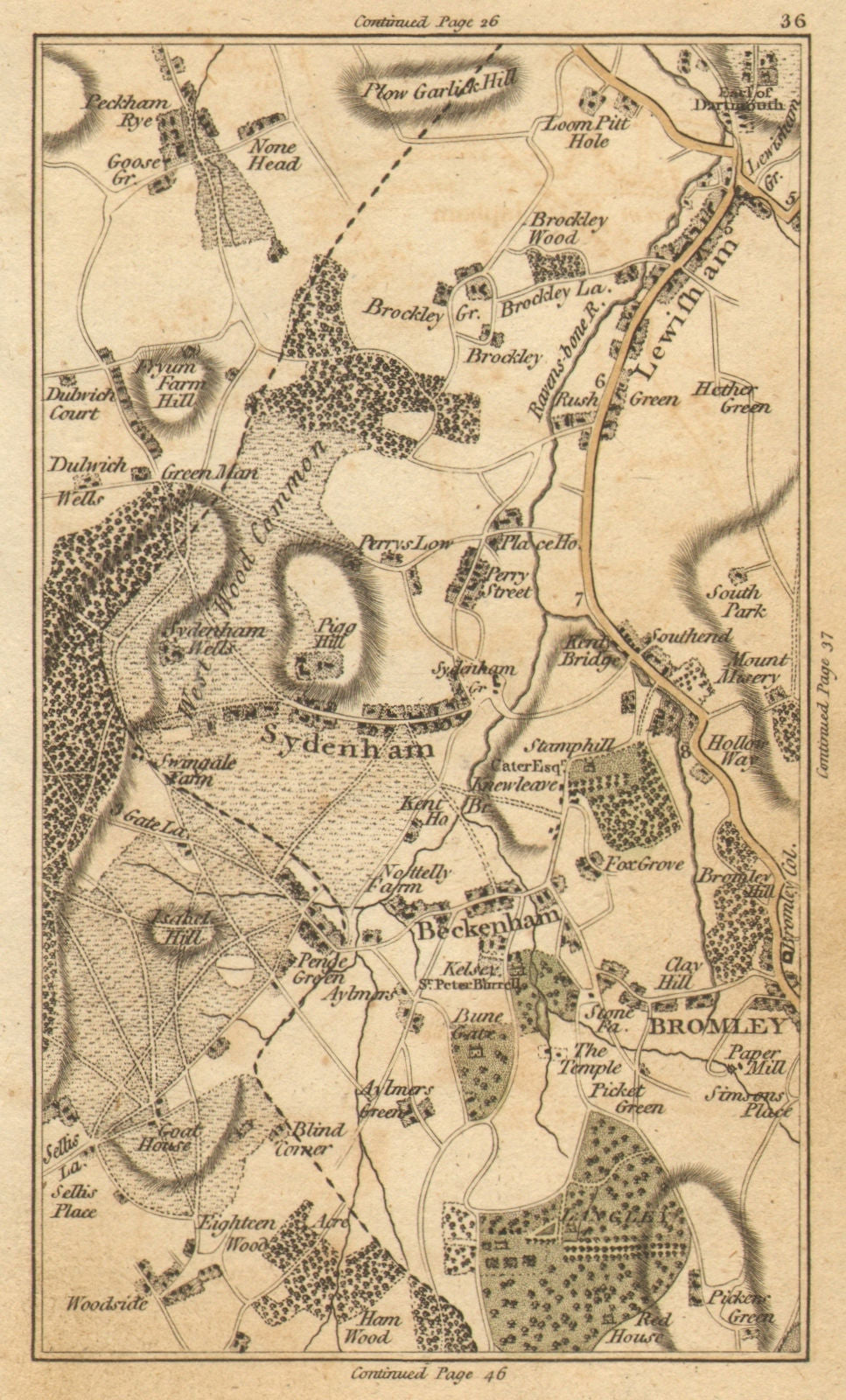 LEWISHAM. Sydenham,Beckenham,Bromley,Penge,Catford,Bellingham,Peckham 1786 map