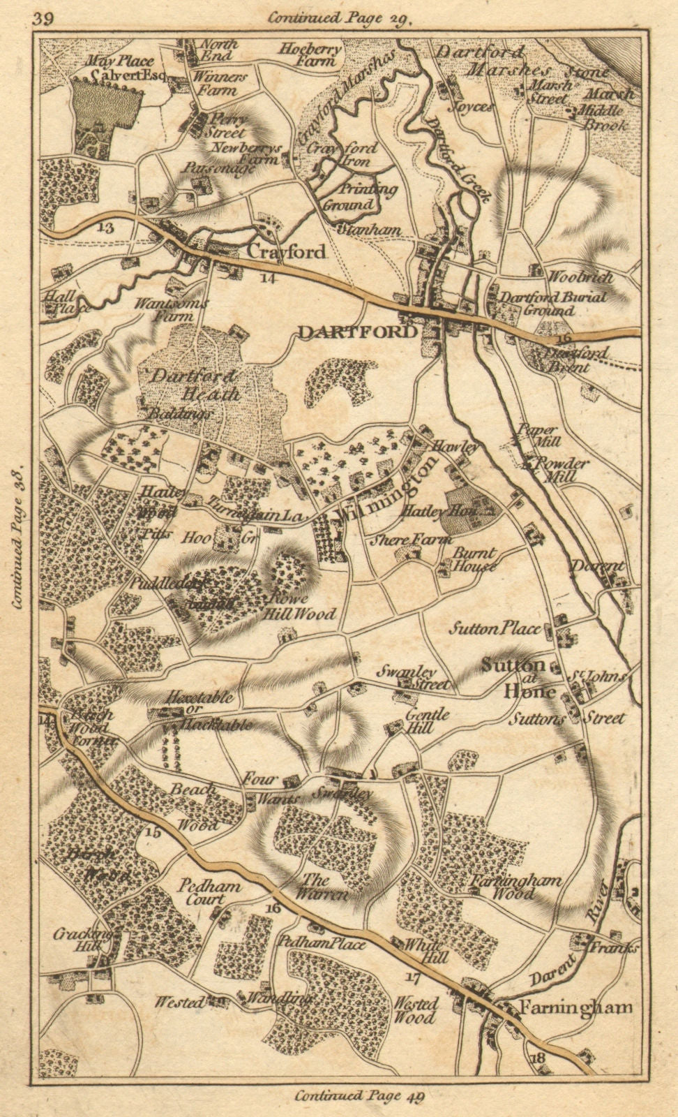 DARTFORD.Crayford,Bexley,Sutton at Hone,Farningham,Wilmington,Swanley 1786 map