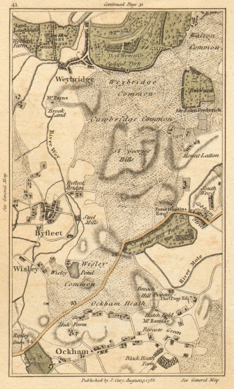 WEYBRIDGE. Byfleet, Ockham, Wisley, Cobham, Walton-on-Thames, Ripley 1786 map