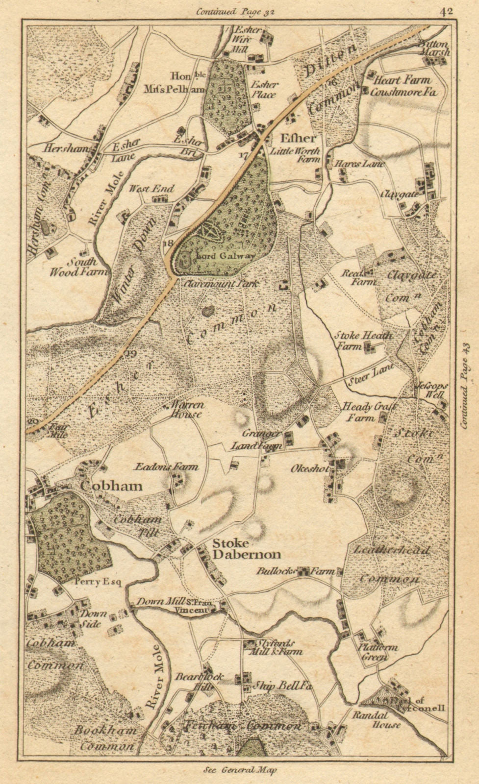 ESHER. Cobham,Walton-on-Thames,Stoke D'abernon,Bookham,Leatherhead 1786 map