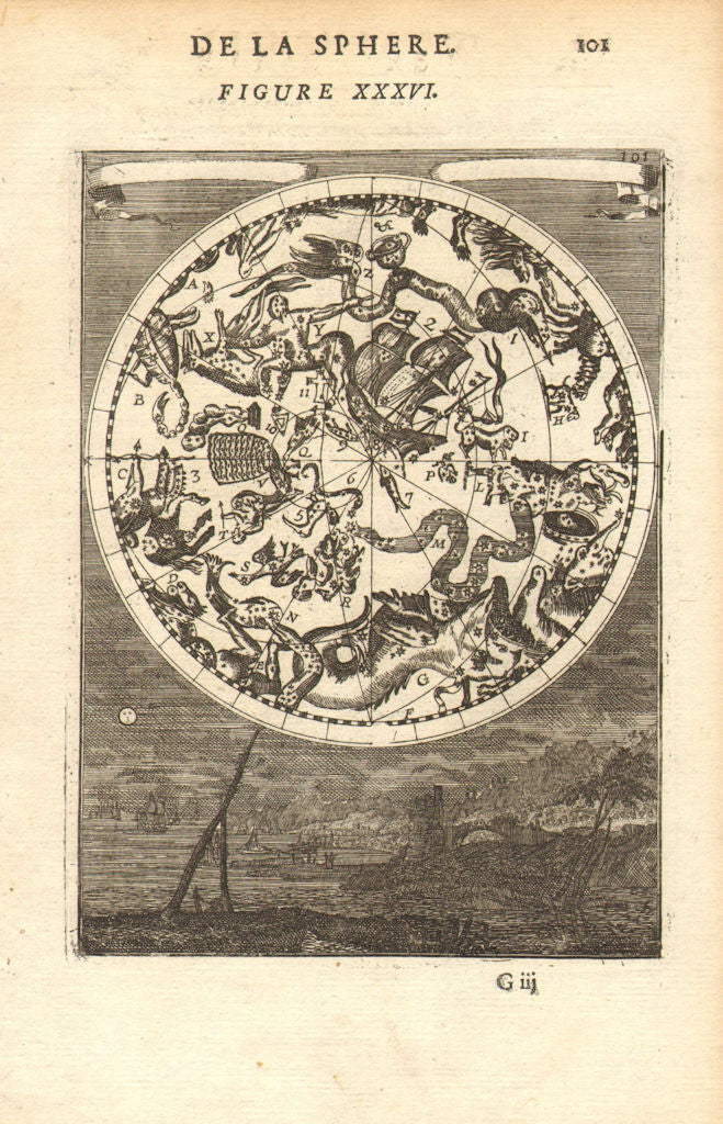 SOUTHERN NIGHT SKY. Constellations Meridionales. Man in moon. MALLET 1683 map
