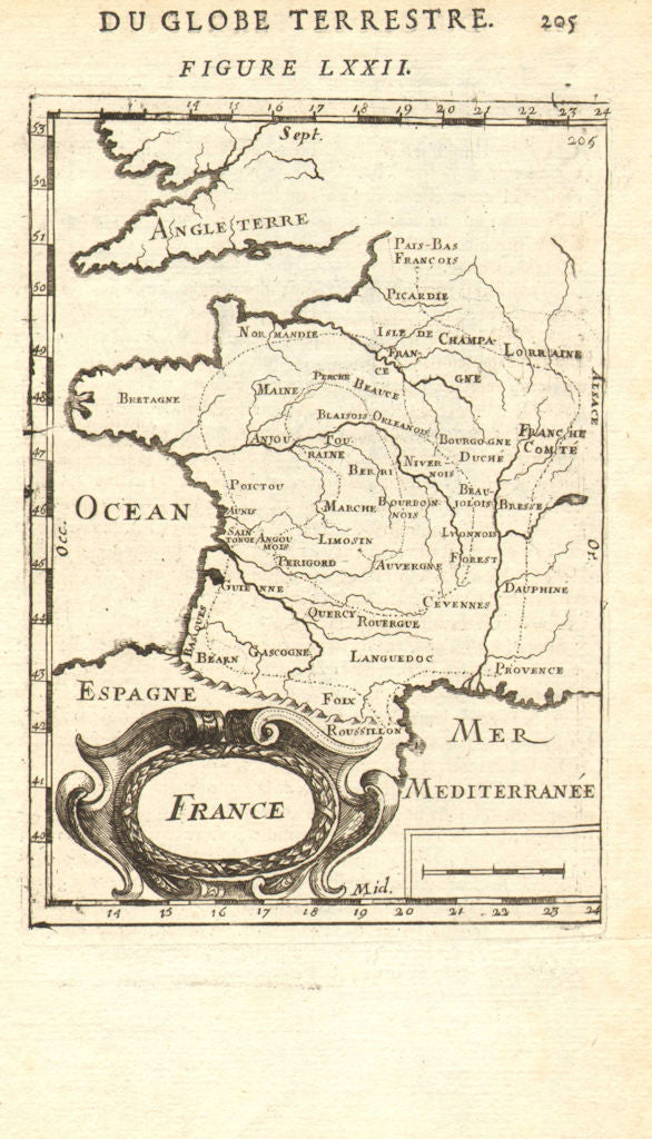 MAP OF FRANCE. in regions. MALLET 1683 old antique vintage plan chart