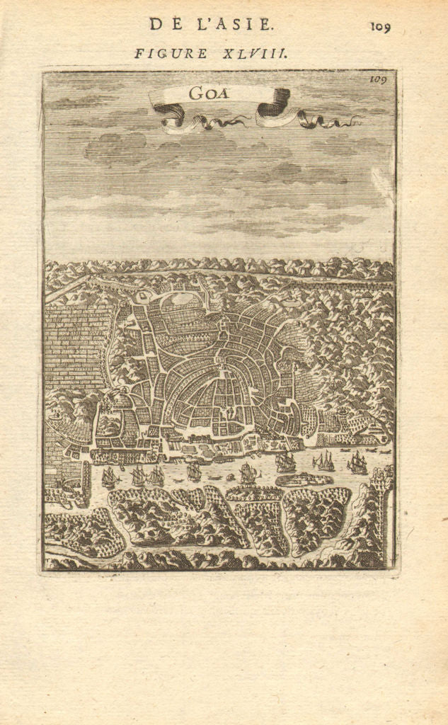 INDIA. Bird's eye view of Goa. Map. Ships. Decorative. MALLET 1683 old
