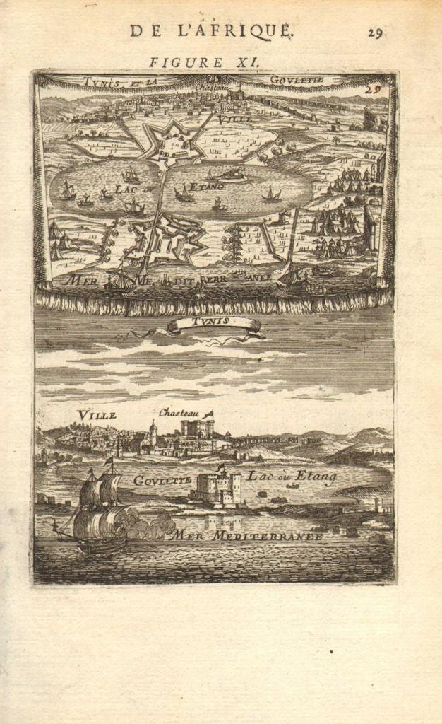 TUNISIA. View & map of 'Tunis et la Goulette'. Kasbah castle port. MALLET 1683
