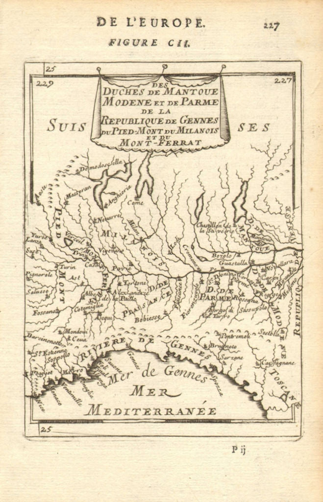NW ITALY. Po valley Liguria Lombardy Piedmont Parma Genoa Milan. MALLET 1683 map