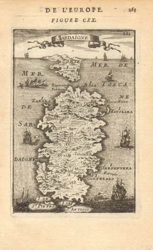 SARDINIA. Sardegna. Decorative. 'Sardaigne'. Corsica on horizon. MALLET 1683 map