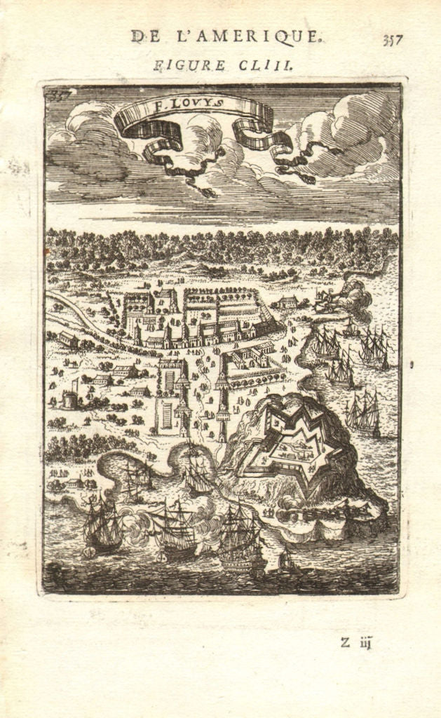 FRENCH GUIANA GUYANE. 'Fort Louys'. Ft Louis under attack. MALLET 1683 old map