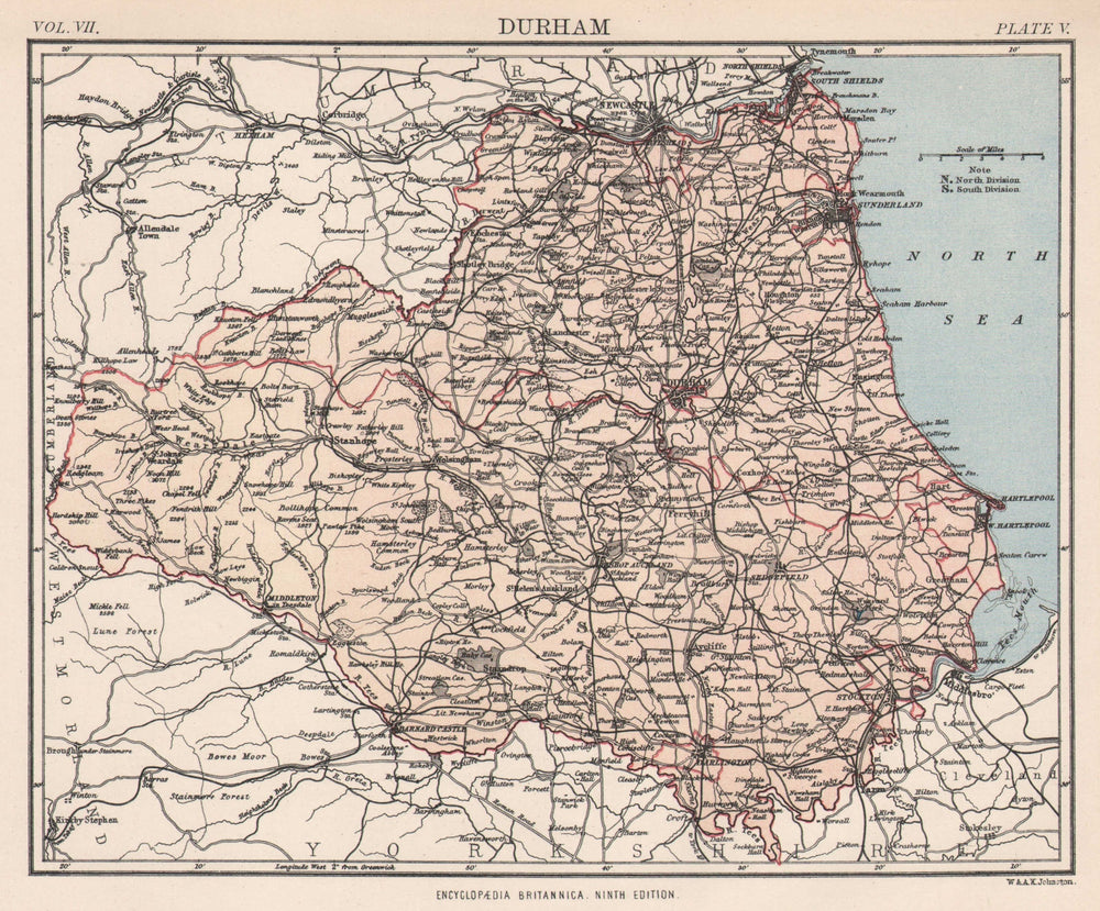 COUNTY DURHAM. County map. Railways. Sunderland Newcastle-upon-Tyne 1898