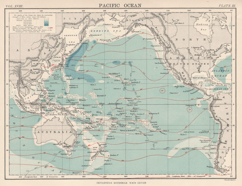 PACIFIC OCEAN.Depth.Surface isotherms.HMS Challenger expedition track 1898 map