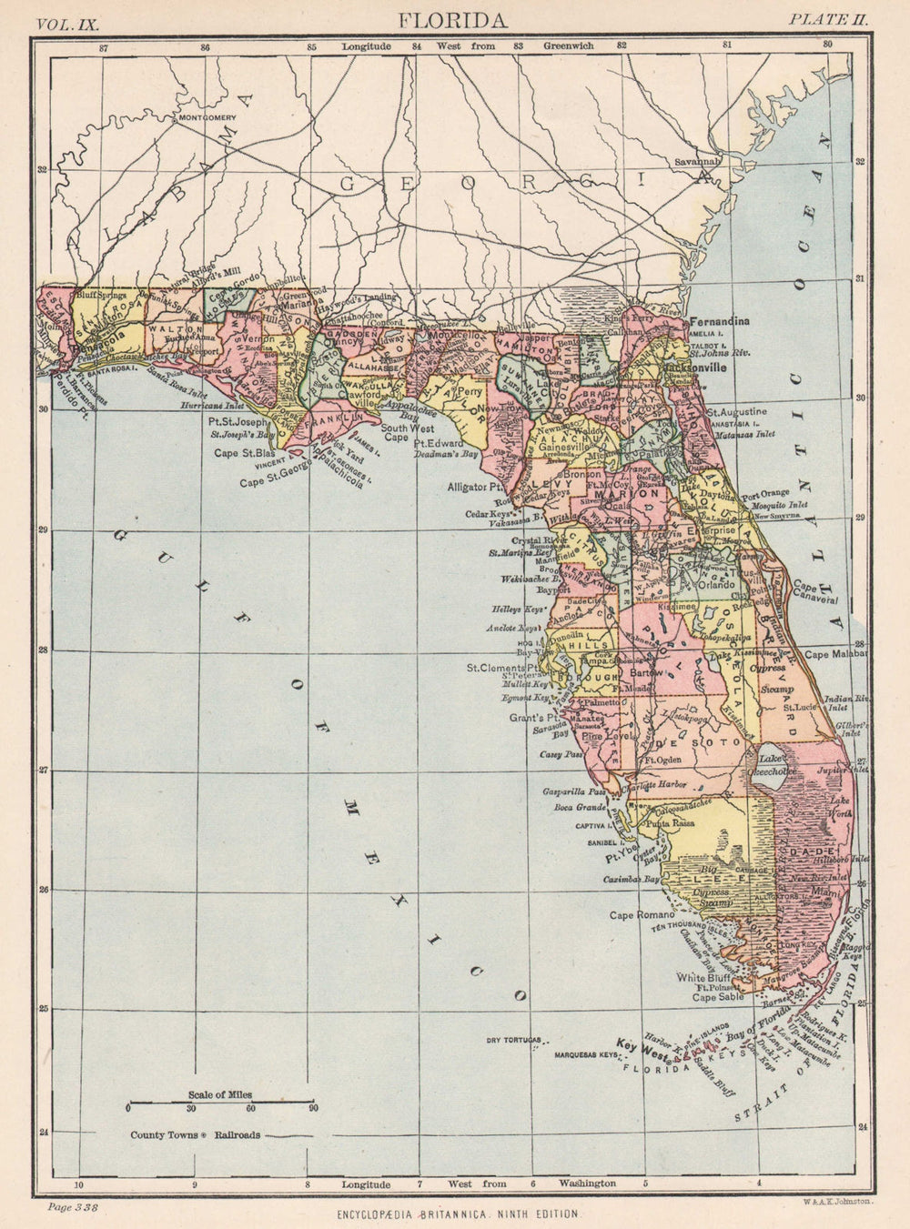 FLORIDA. State map. Shows Miami (incorporated 1896, 2 yrs before map) 1898